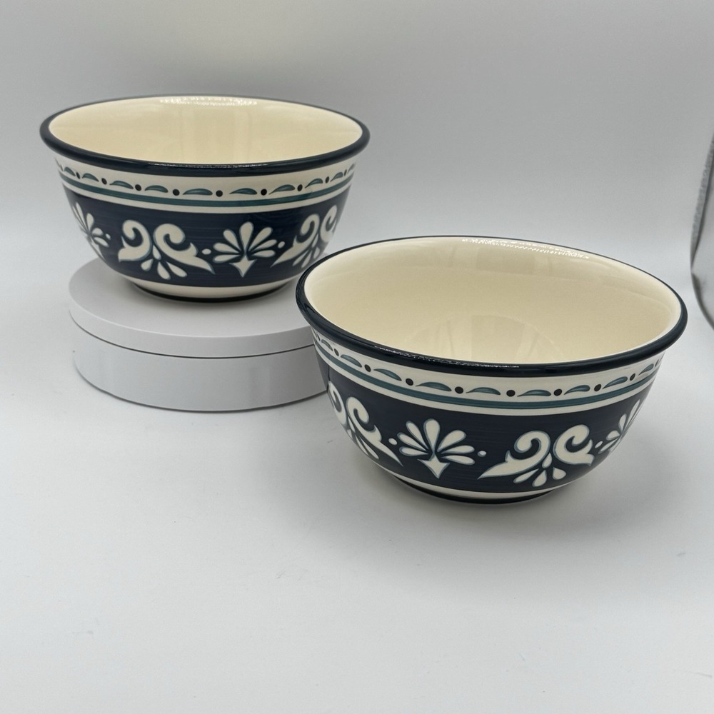 Bobby Flay Marbella Stoneware‎ Cereal Bowls Set of 2 6" Navy Blue